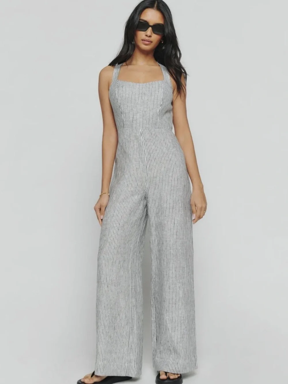 REFORMATION Autumn Linen Jumpsuit Vineyard Stripes Women's